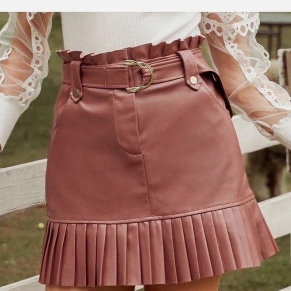ZARA PLEATED FAUX LEATHER RUFFLE HIGH WAISTED COWBOY BROWN WESTERN SKIRT SZ S - Picture 1 of 11